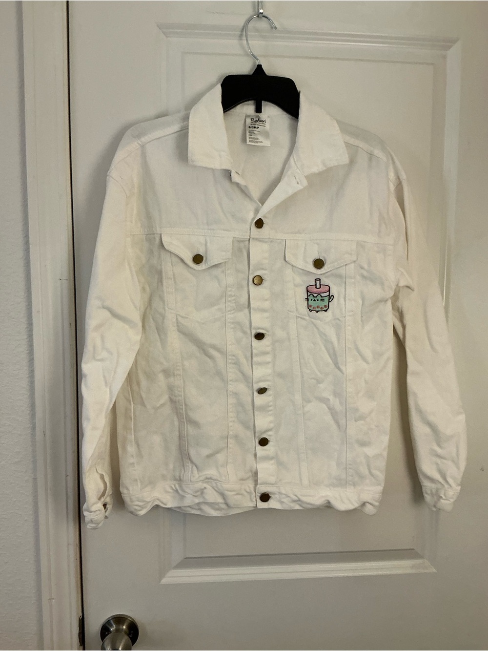 Pusheen Box White Denim Jacket Size Small Embroidered Boba Cat Jean Jacket